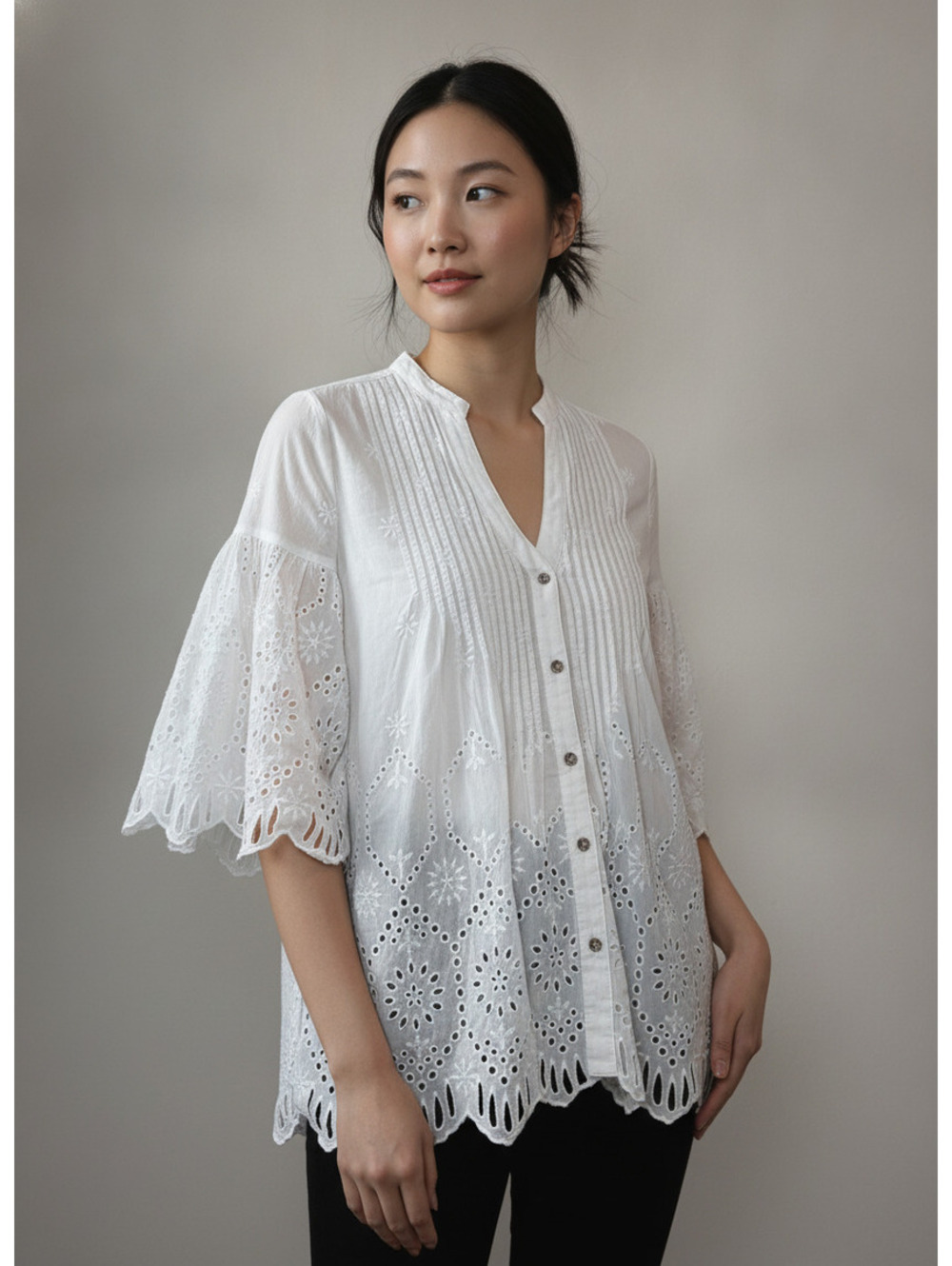 Jade by Johnny Was White Eyelet Pintuck Blouse w/ Flared Sleeves $32